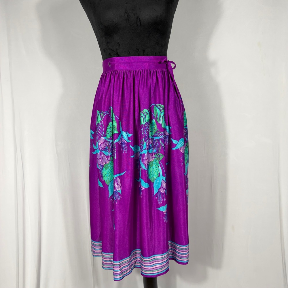 Vtg 70s 80s Sirena Floral Purple Wrap Midi Skirt Small Striped Hem Tropical USA